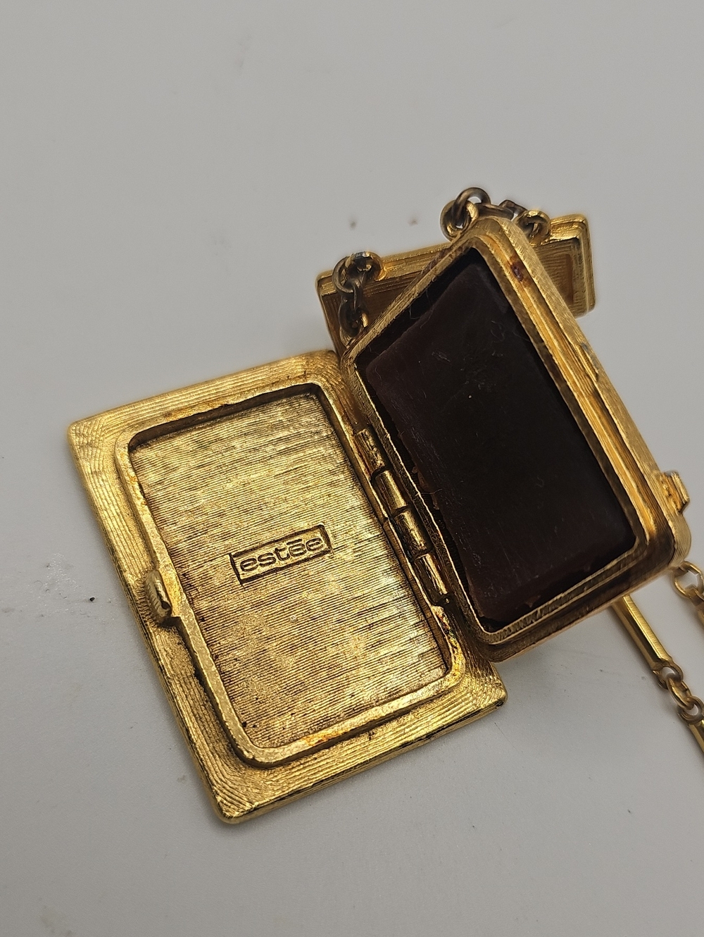 Vintage Estee Lauder Perfume Gold-Tone Compact Pendant Necklace Blue Enamel